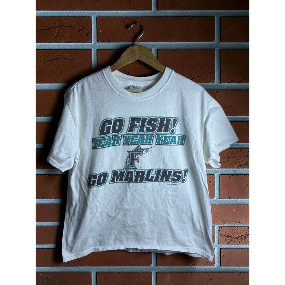 Vintage 2003 Florida Marlins Go Fish Graphic T Shirt Mens Large White MLB Tee